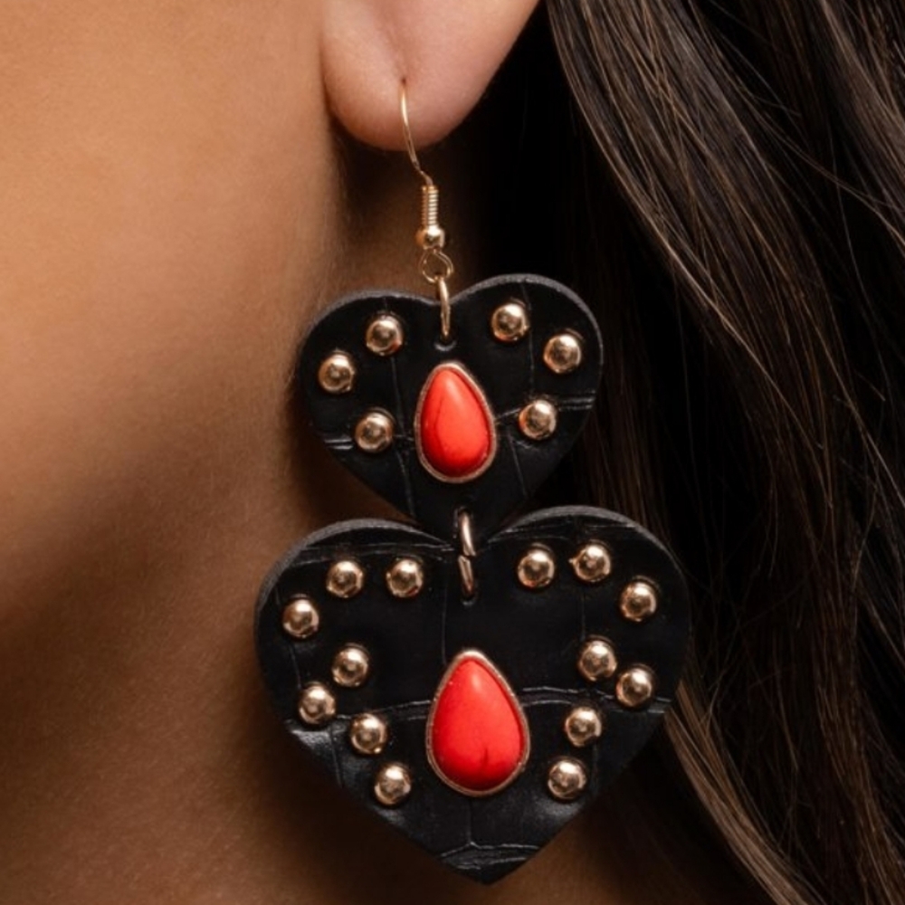 Studded Sister Red Earrings Double Heart